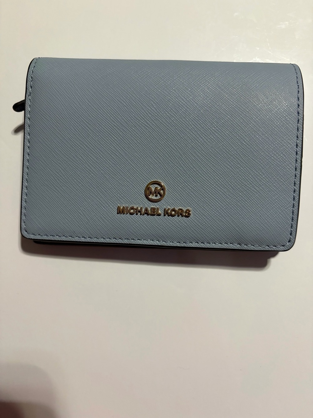 Michael Kors Light Blue Saffiano Leather Card Holder with Gold Logo
